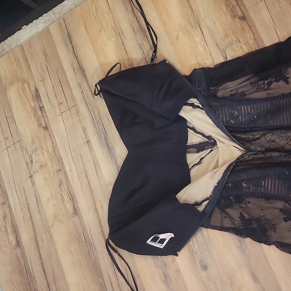 Vtg TADASHI Black Lace Mesh Over Nude Strapless Cocktail Midi Dress - Picture 11 of 14